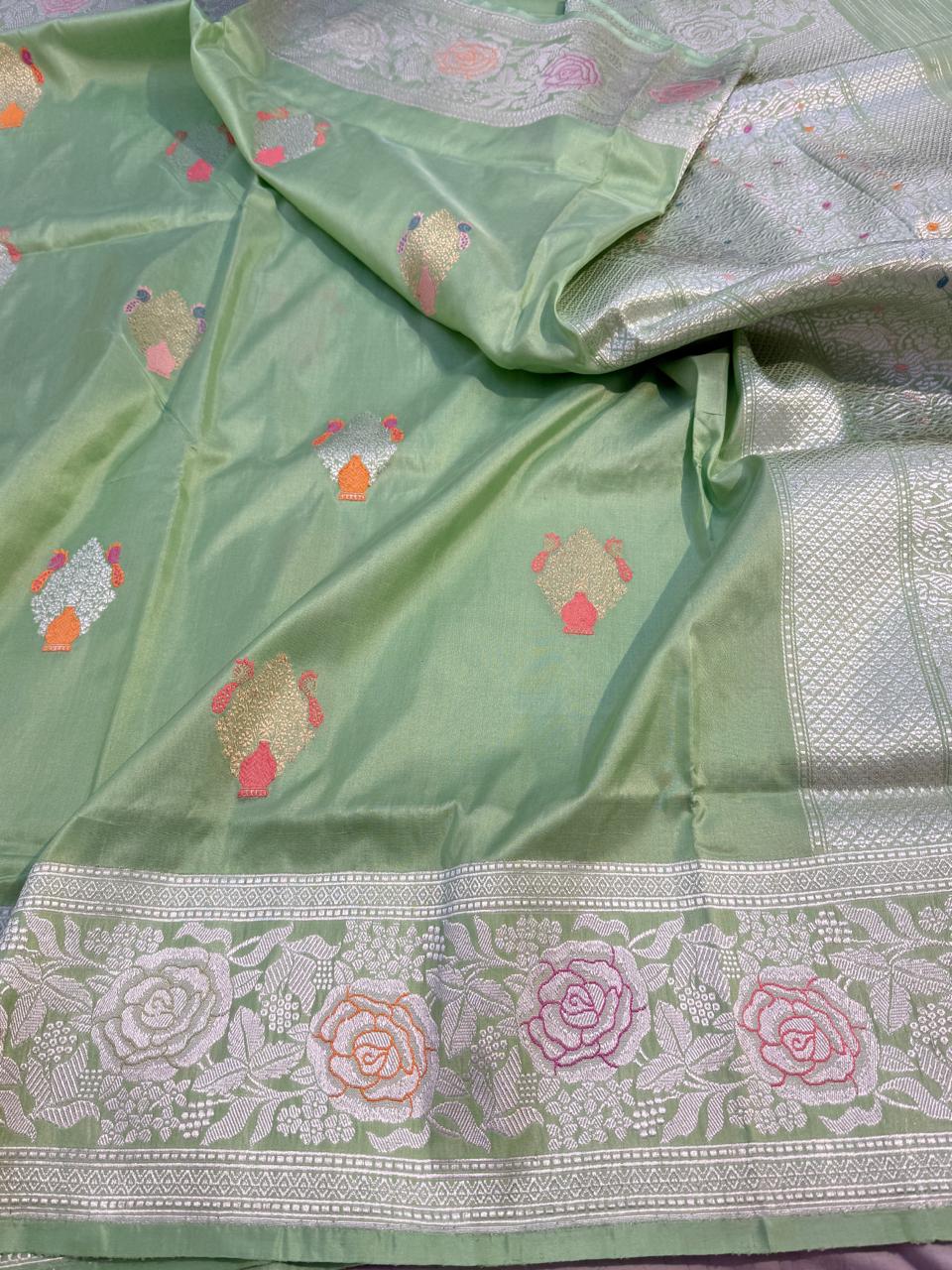 Light Green Shade Pure Katan Silk Handwoven Banarasi Saree