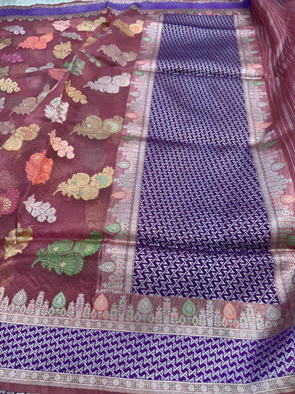 Coffee Shade Pure Organza Silk Handwoven Banarasi Saree