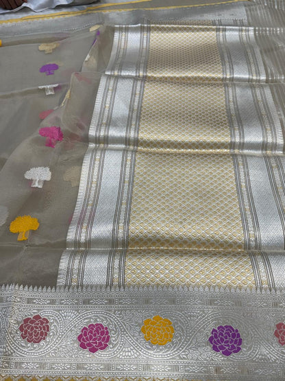 Spanish Grey Pure Organza Silk Handwoven Banarasi Saree