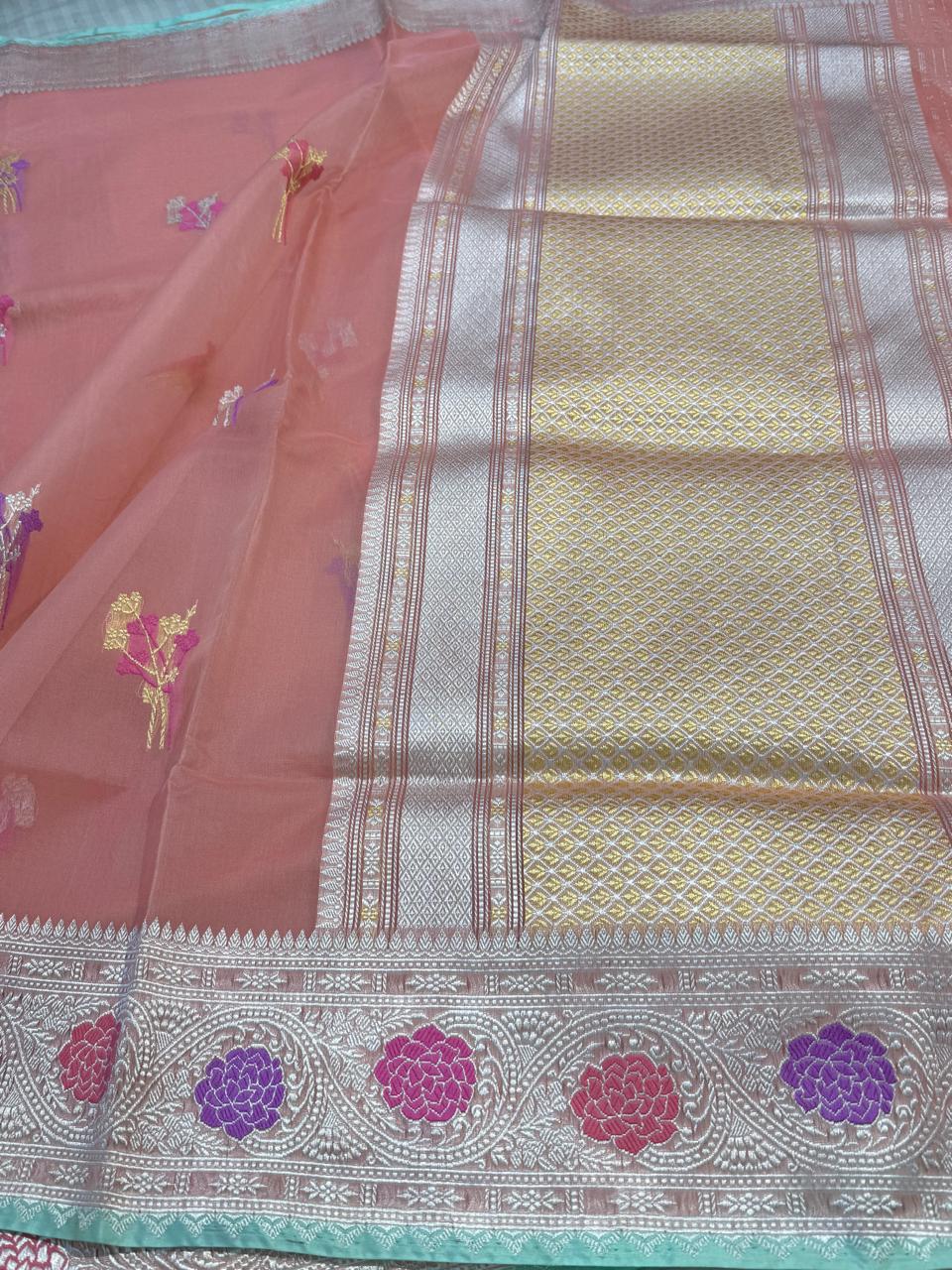 Pastel Shade Pure Organza Silk Handwoven Banarasi Saree