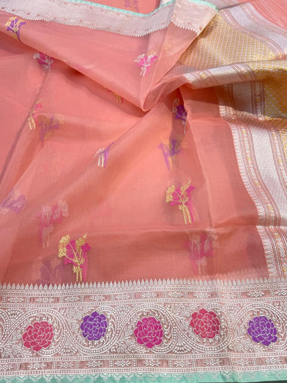 Pastel Shade Pure Organza Silk Handwoven Banarasi Saree