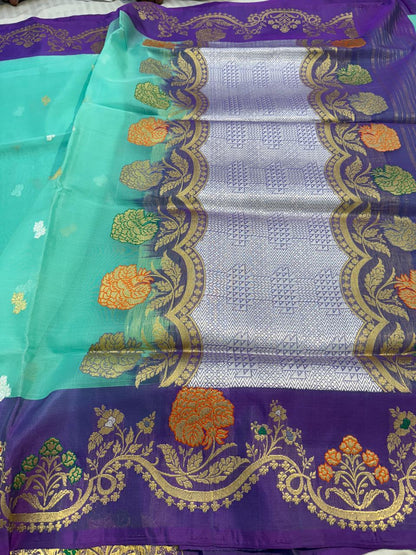 Pastel Green Shade Pure Organza Silk Handwoven Banarasi Saree