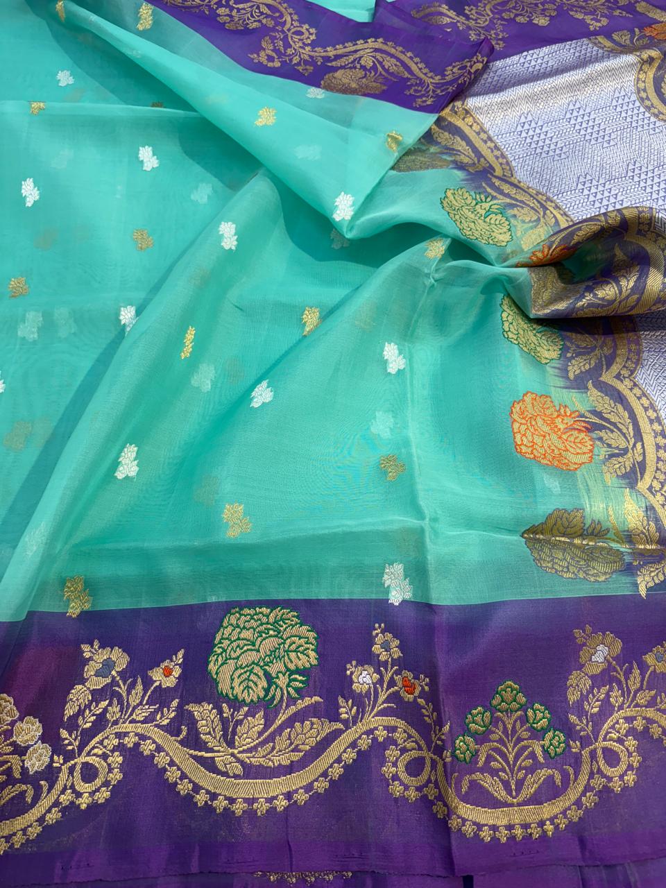 Pastel Green Shade Pure Organza Silk Handwoven Banarasi Saree