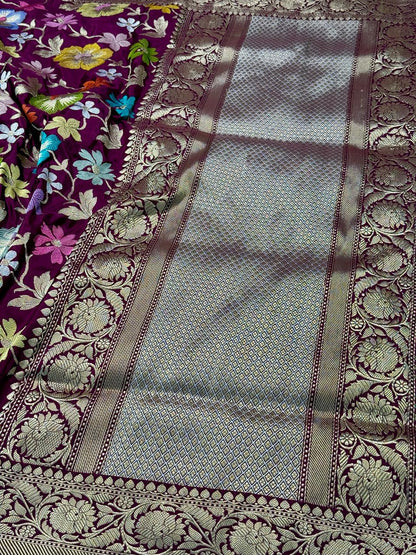 Magenta Wine Pure Katan Silk Tilfi Jangla Handwoven Banarasi Saree