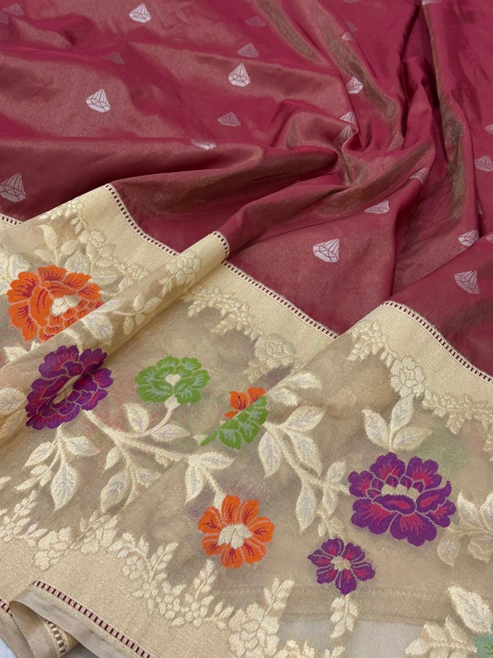 Wine Pure Handwoven Banarasi Tissue Silk Saree
