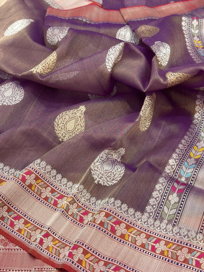 Purple Pure Handwoven Banarasi Kora Tissue Silk Saree