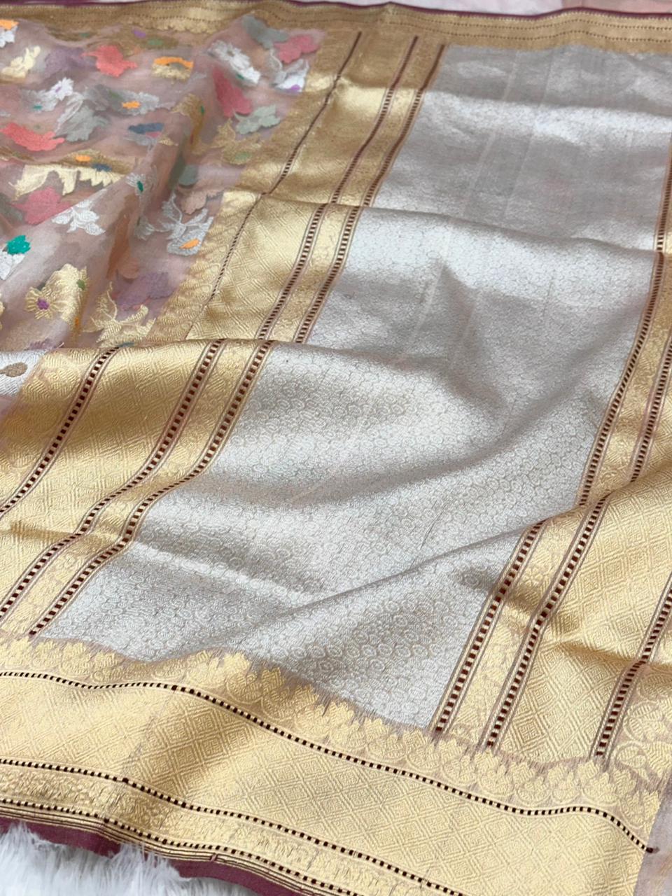 Lvory Pure Handwoven Banarasi Organza Tissue Silk Saree