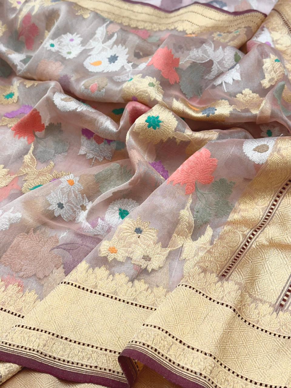 Lvory Pure Handwoven Banarasi Organza Tissue Silk Saree