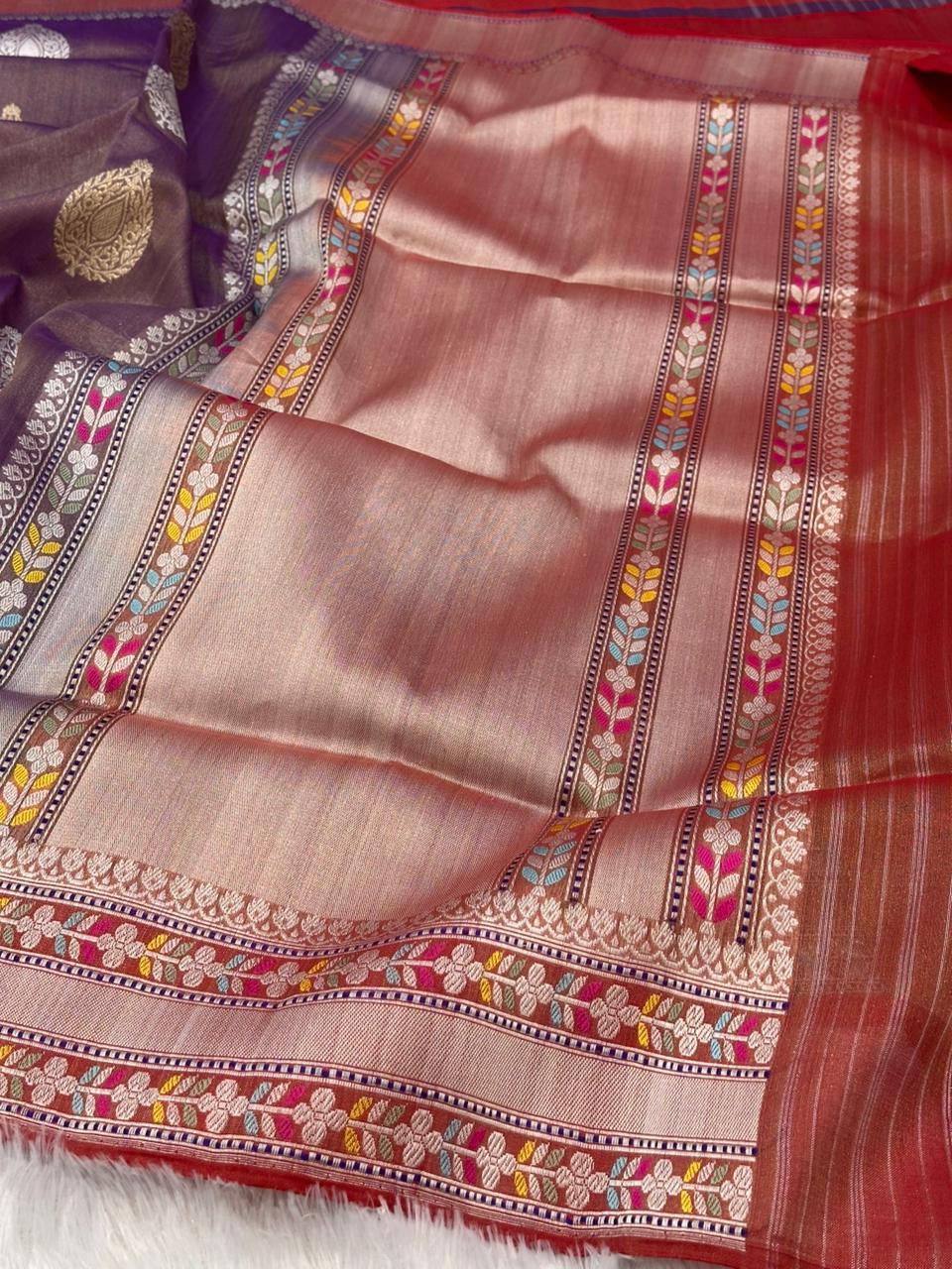 Purple Pure Handwoven Banarasi Kora Tissue Silk Saree