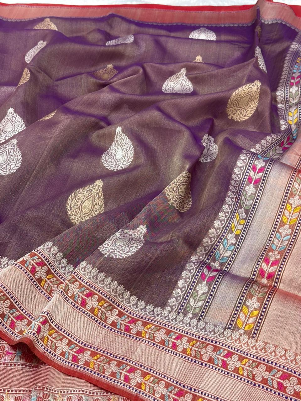 Purple Pure Handwoven Banarasi Kora Tissue Silk Saree
