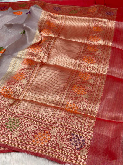 Steel Grey Pure Handwoven Banarasi Tissue Silk Saree