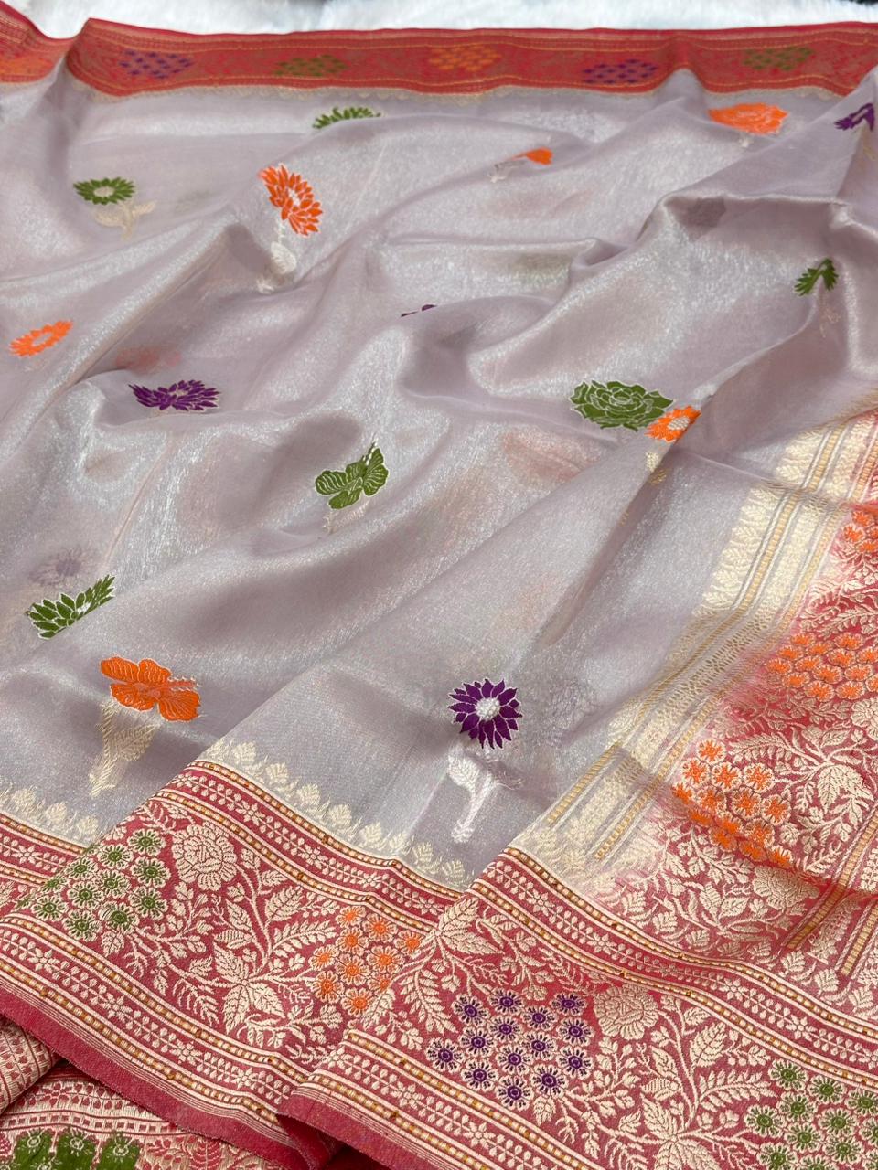 Steel Grey Pure Handwoven Banarasi Tissue Silk Saree