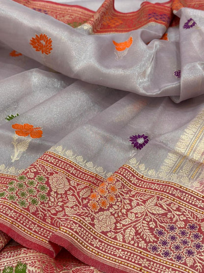 Steel Grey Pure Handwoven Banarasi Tissue Silk Saree