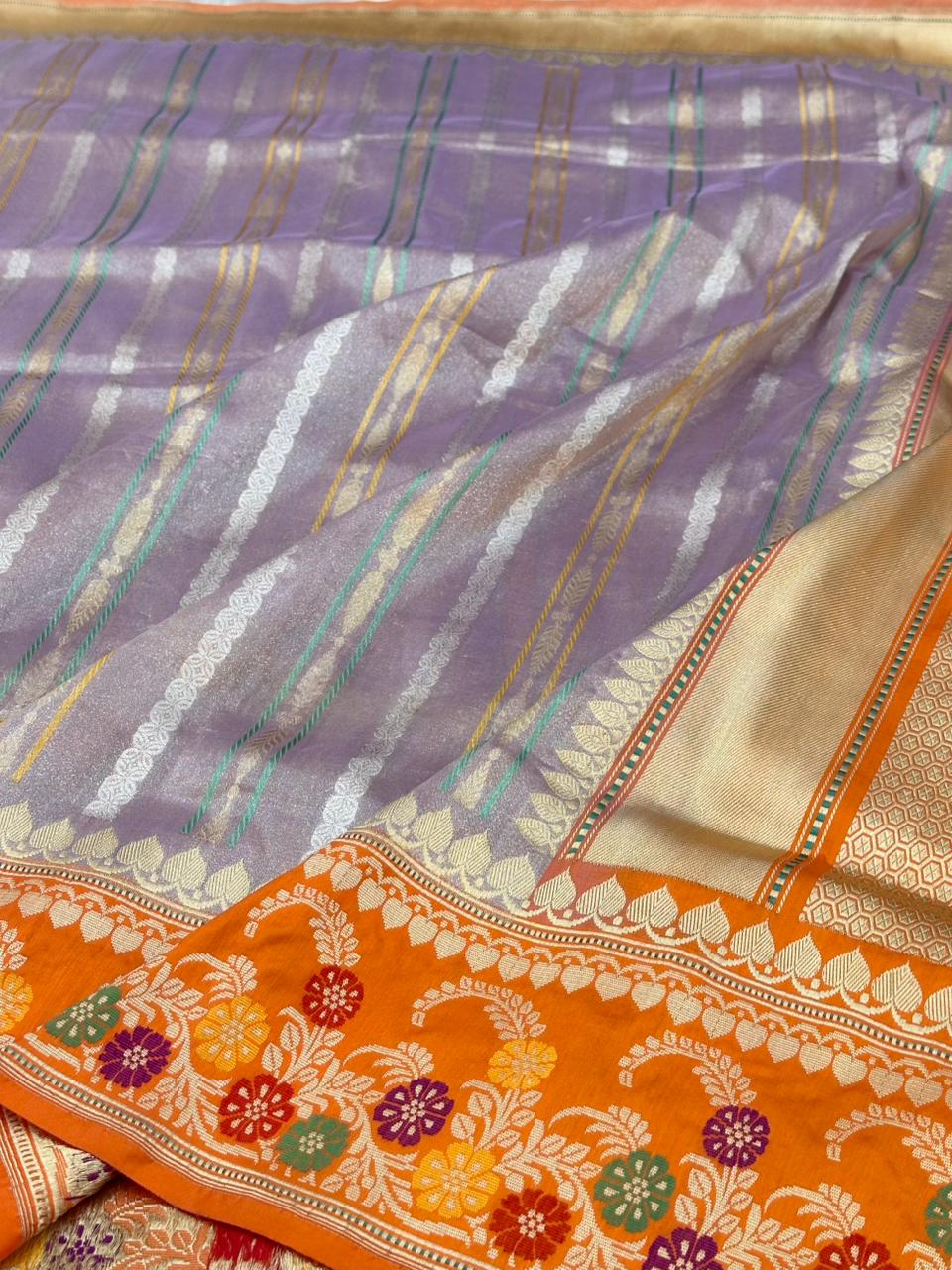 Lilac Pure Handwoven Banarasi  Tissue Silk Saree