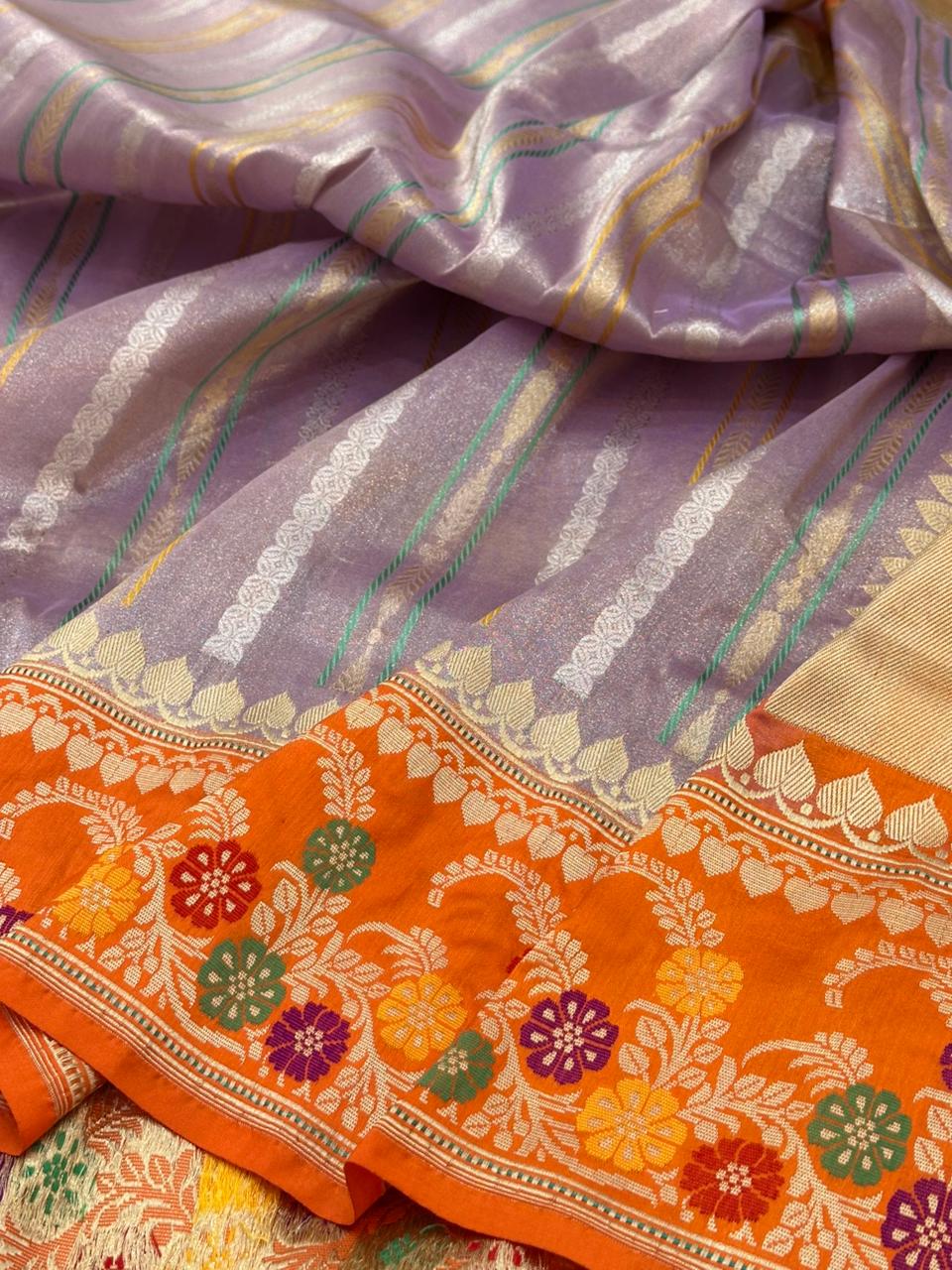 Lilac Pure Handwoven Banarasi  Tissue Silk Saree