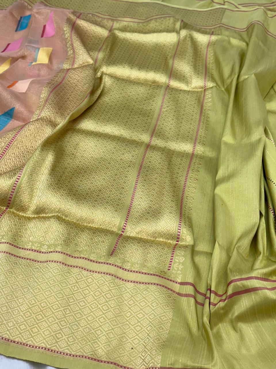 Peach Pure Handwoven Banarasi Organza Tissue Silk Saree