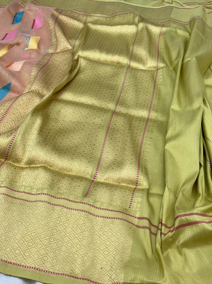 Peach Pure Handwoven Banarasi Organza Tissue Silk Saree