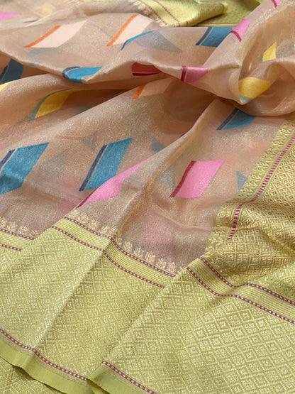 Peach Pure Handwoven Banarasi Organza Tissue Silk Saree