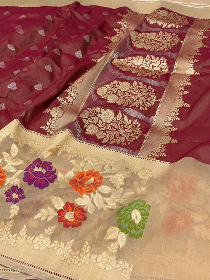 Wine Pure Handwoven Banarasi Tissue Silk Saree