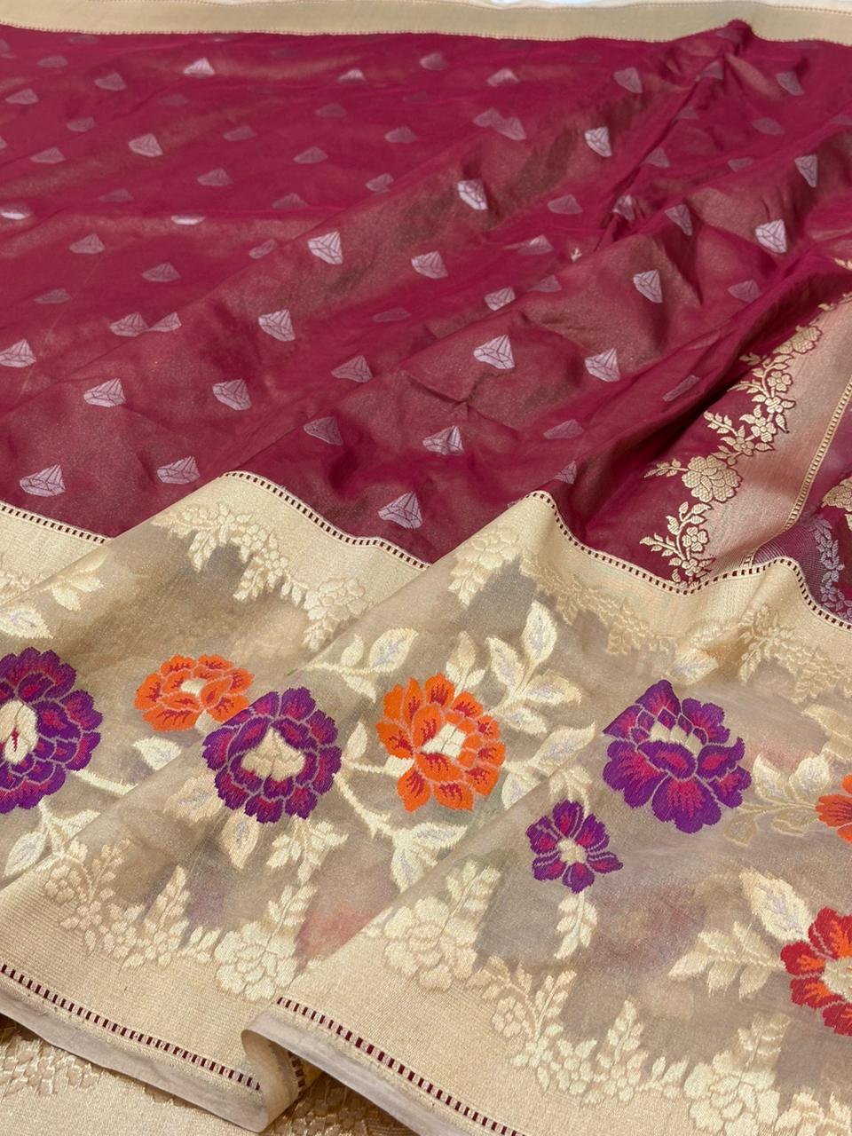 Wine Pure Handwoven Banarasi Tissue Silk Saree