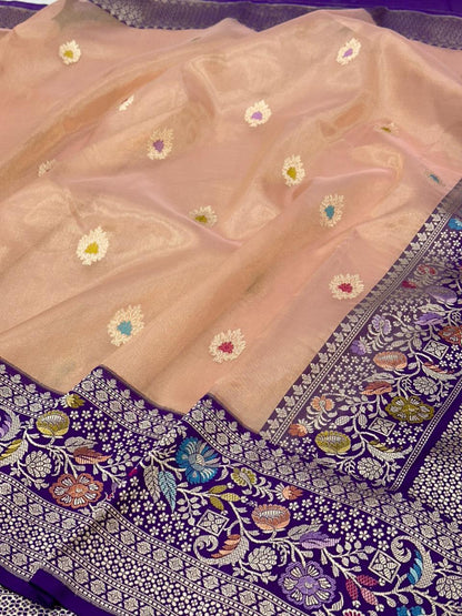 Peach Pure Handwoven Banarasi Organza TissueSilk Saree