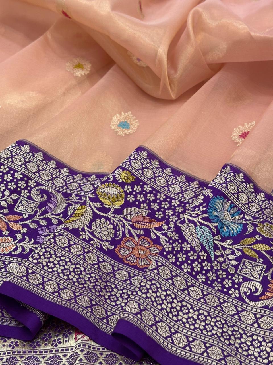 Peach Pure Handwoven Banarasi Organza TissueSilk Saree