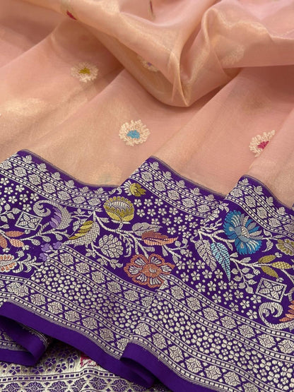 Peach Pure Handwoven Banarasi Organza TissueSilk Saree