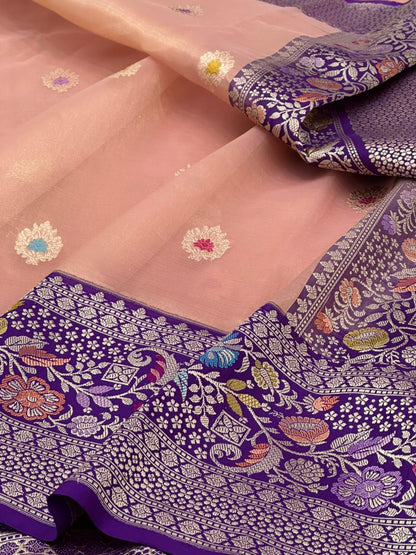 Peach Pure Handwoven Banarasi Organza TissueSilk Saree