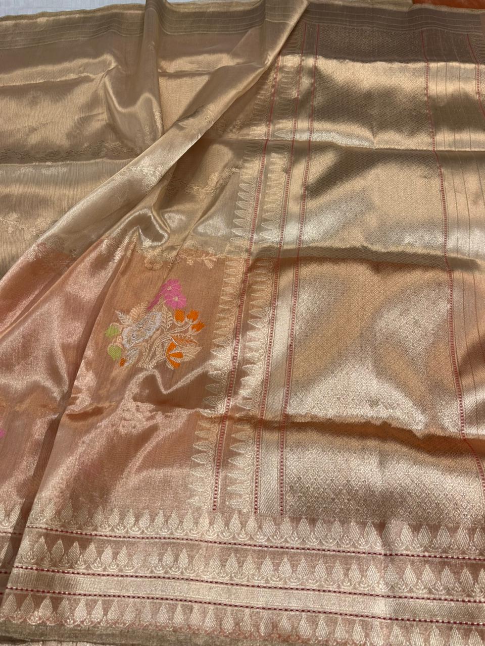 Peach Orange Pure Tissue Handwoven Banarasi Saree
