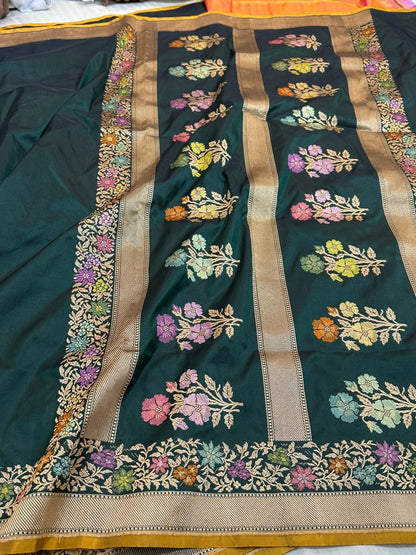 Dark Green Pure Katan Silk Handwoven Banarasi Saree