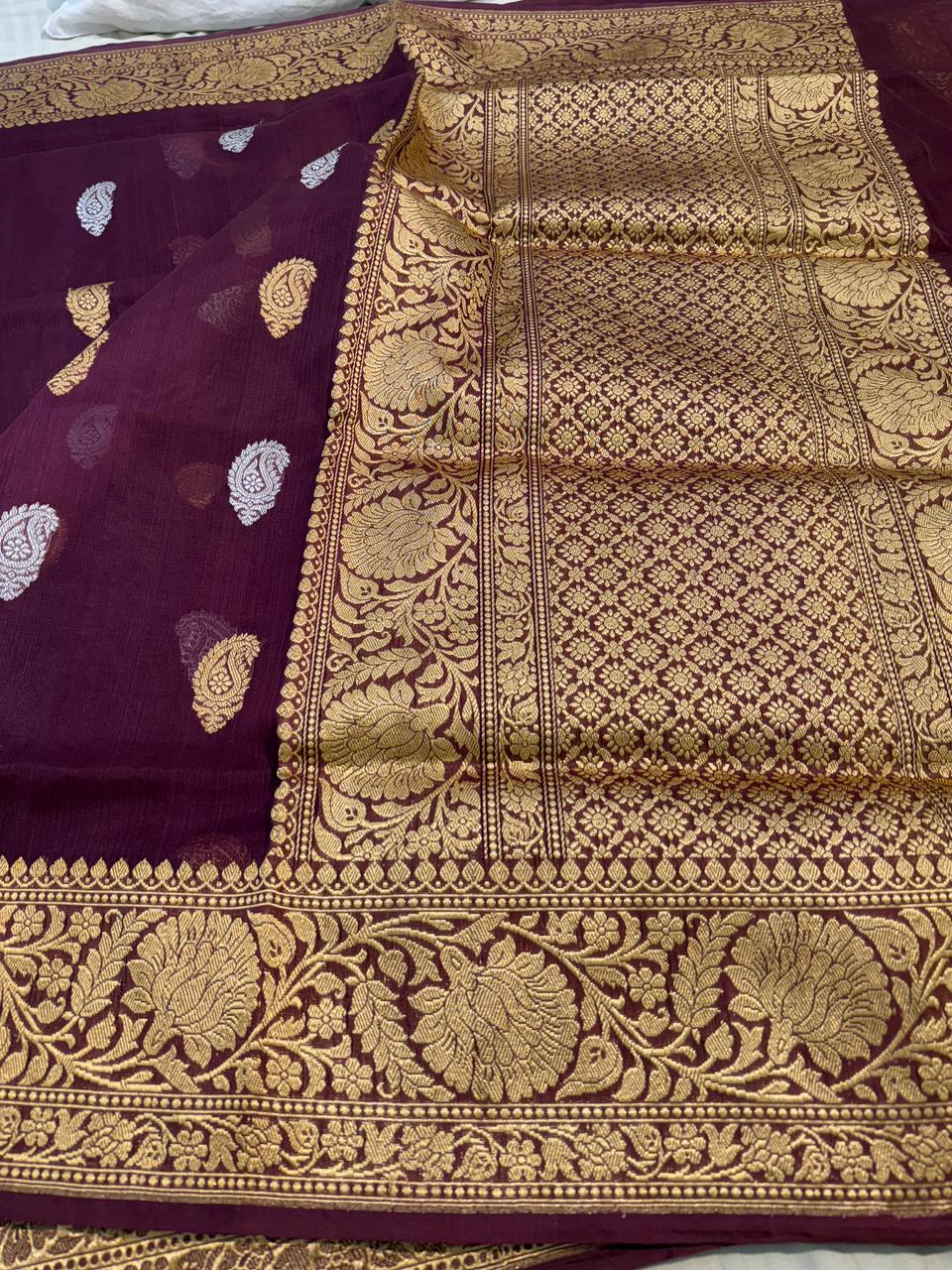 Wine Shade Pure Kora (Organza) Silk Handwoven Banarasi Saree