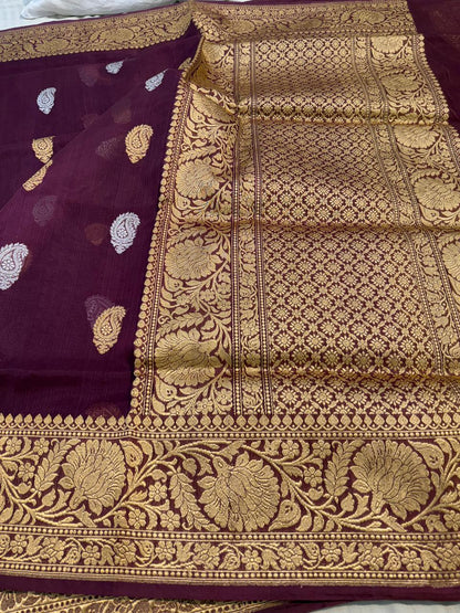 Wine Shade Pure Kora (Organza) Silk Handwoven Banarasi Saree