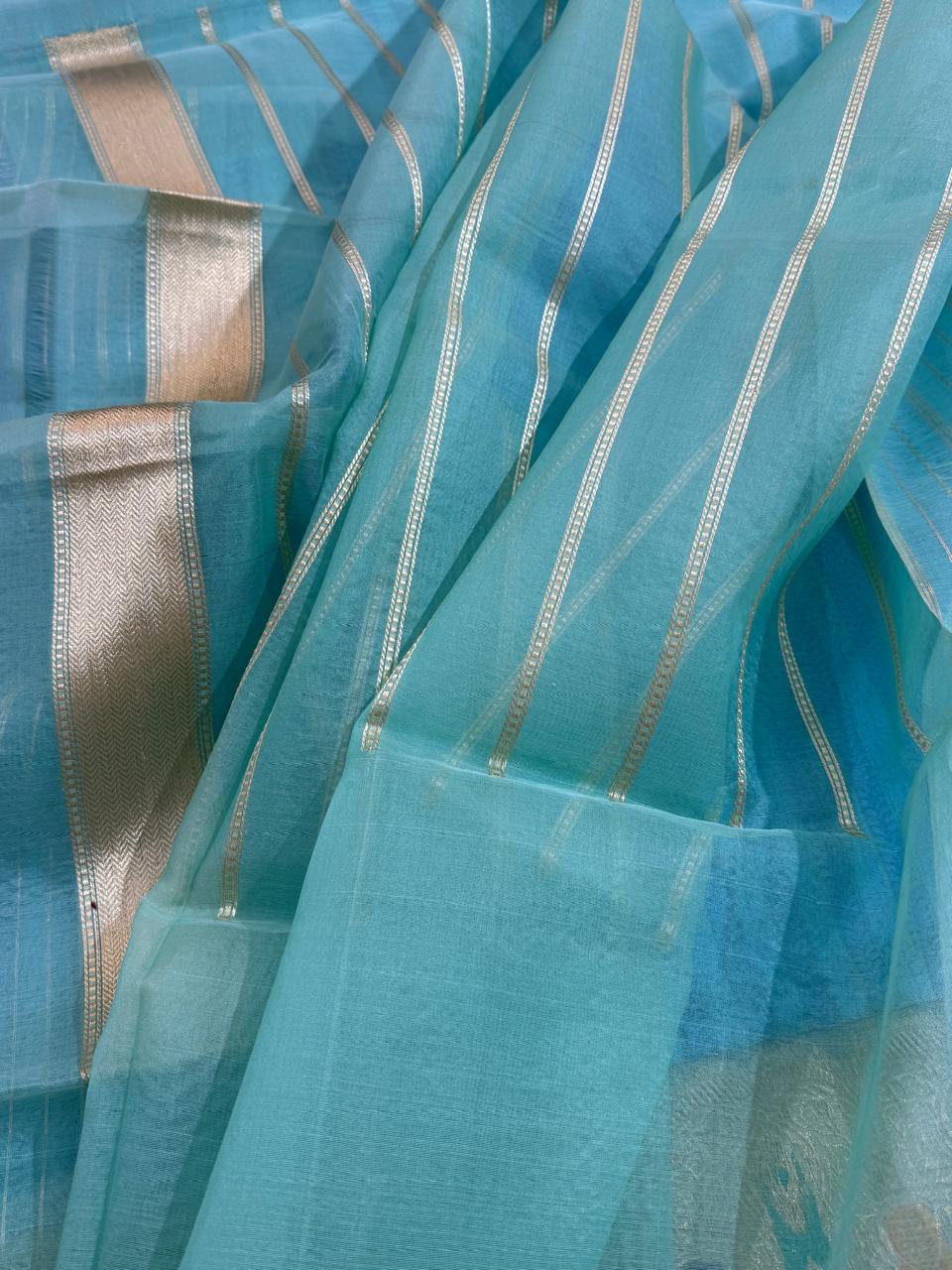 Sky Blue Pure Kora (organza) Silk Handwoven Banarasi Saree