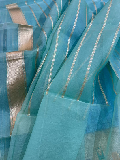 Sky Blue Pure Kora (organza) Silk Handwoven Banarasi Saree