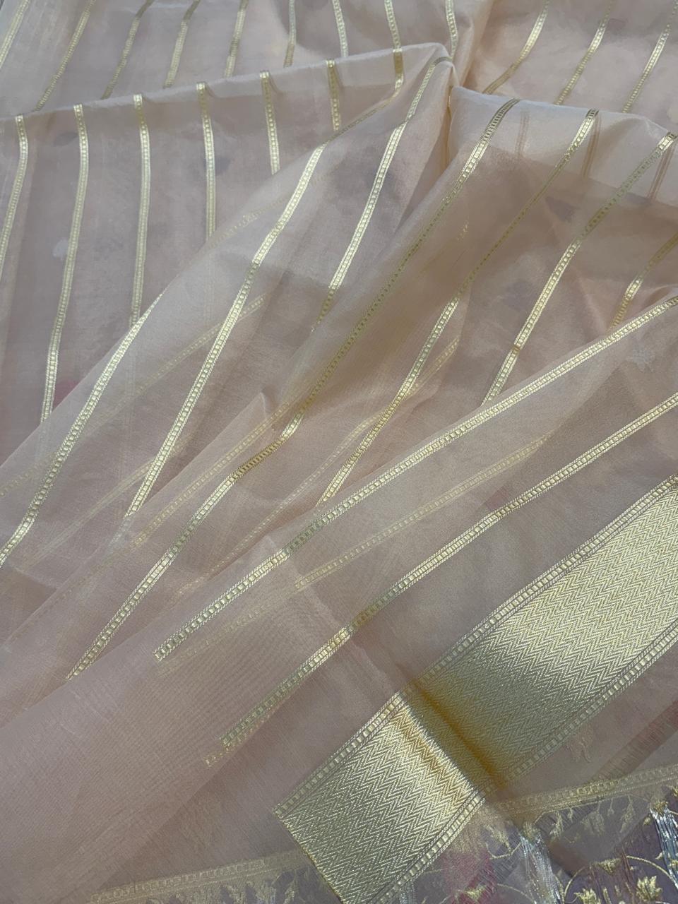 Beige Shade Pure Organza Silk Handwoven Banarasi Saree