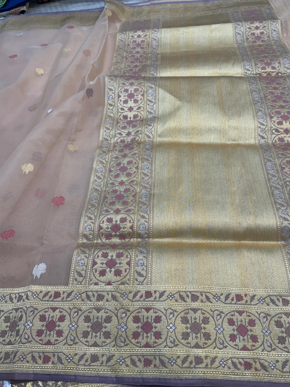 Beige Shade Pure Organza Silk Handwoven Banarasi Saree