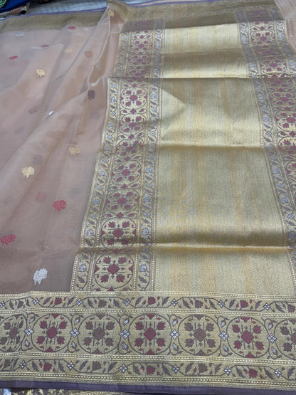 Beige Shade Pure Organza Silk Handwoven Banarasi Saree