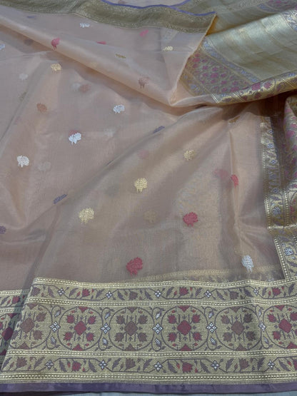 Beige Shade Pure Organza Silk Handwoven Banarasi Saree