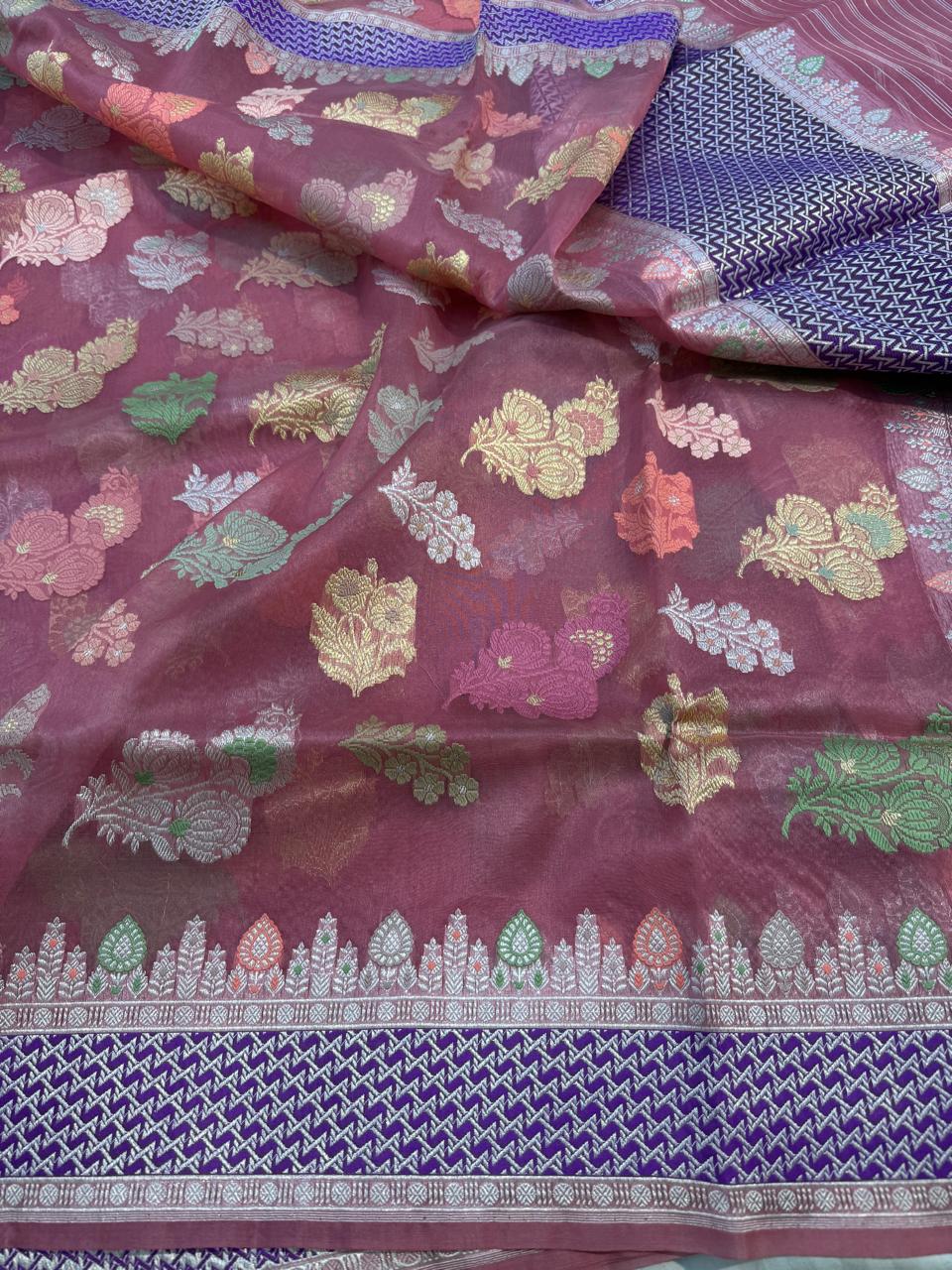 Coffee Shade Pure Organza Silk Handwoven Banarasi Saree