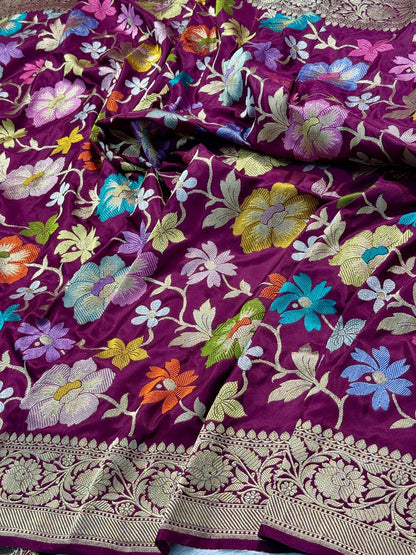 Magenta Wine Pure Katan Silk Tilfi Jangla Handwoven Banarasi Saree
